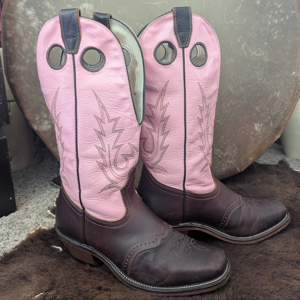 BOULET 🤠 #4126 Buckaroo leather cowgirl boots pink/dark brown square toe sz 10
